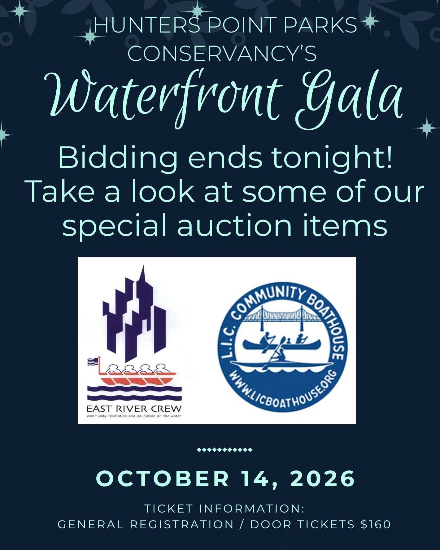 Our Waterfront Gala is tonight! 

Take a look at some of our special auction items- thank you to our donors! @liccboathouse @liclivingmagazine @secrettheatreny @sing_lic @bookculturelic @orestesgonzalezfoto @kenfury 

The auction ends at 8:45PM, so m