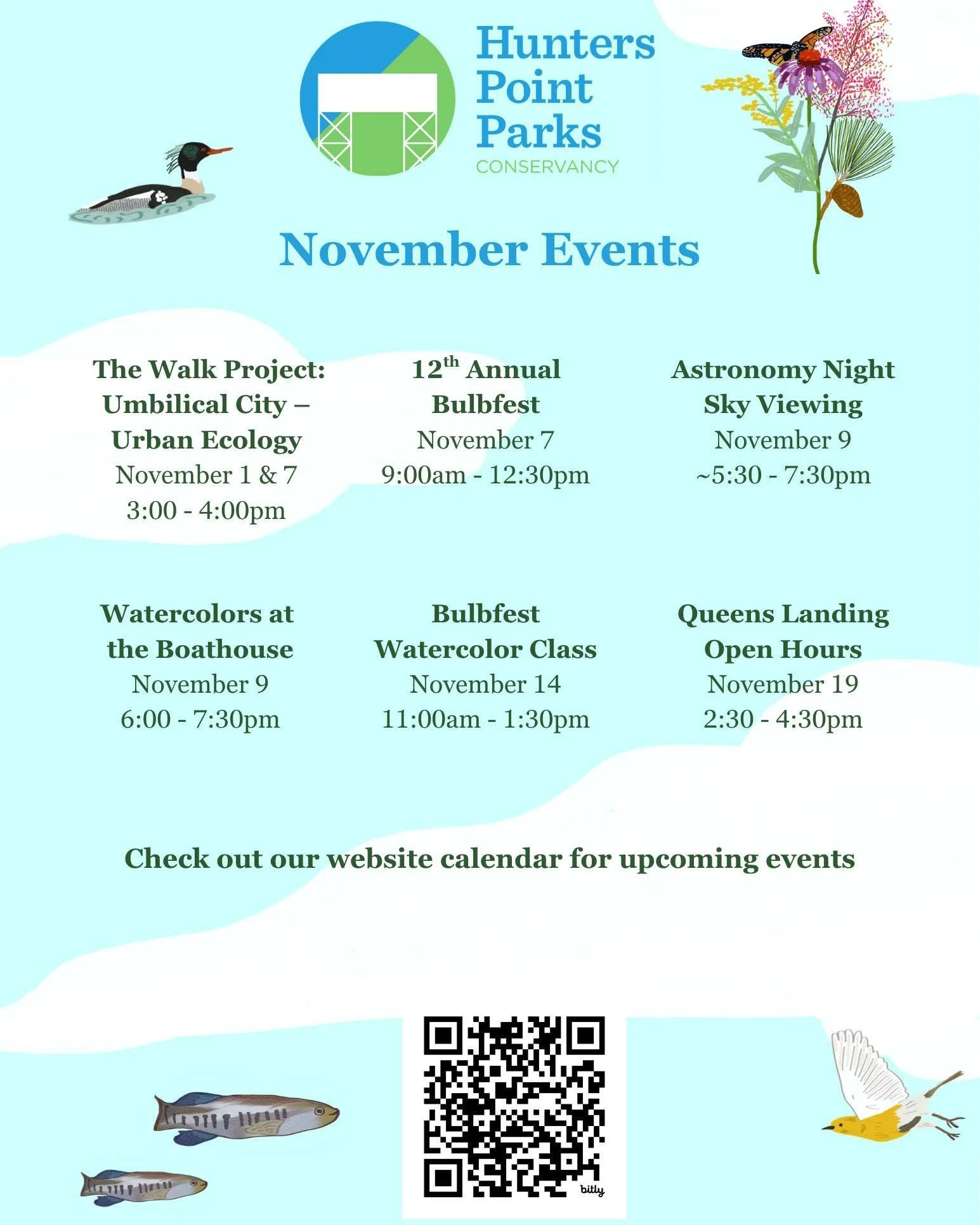 Join us for our November programming! you can view our full calendar on our website: https://www.hunterspointparks.org/calendar :)