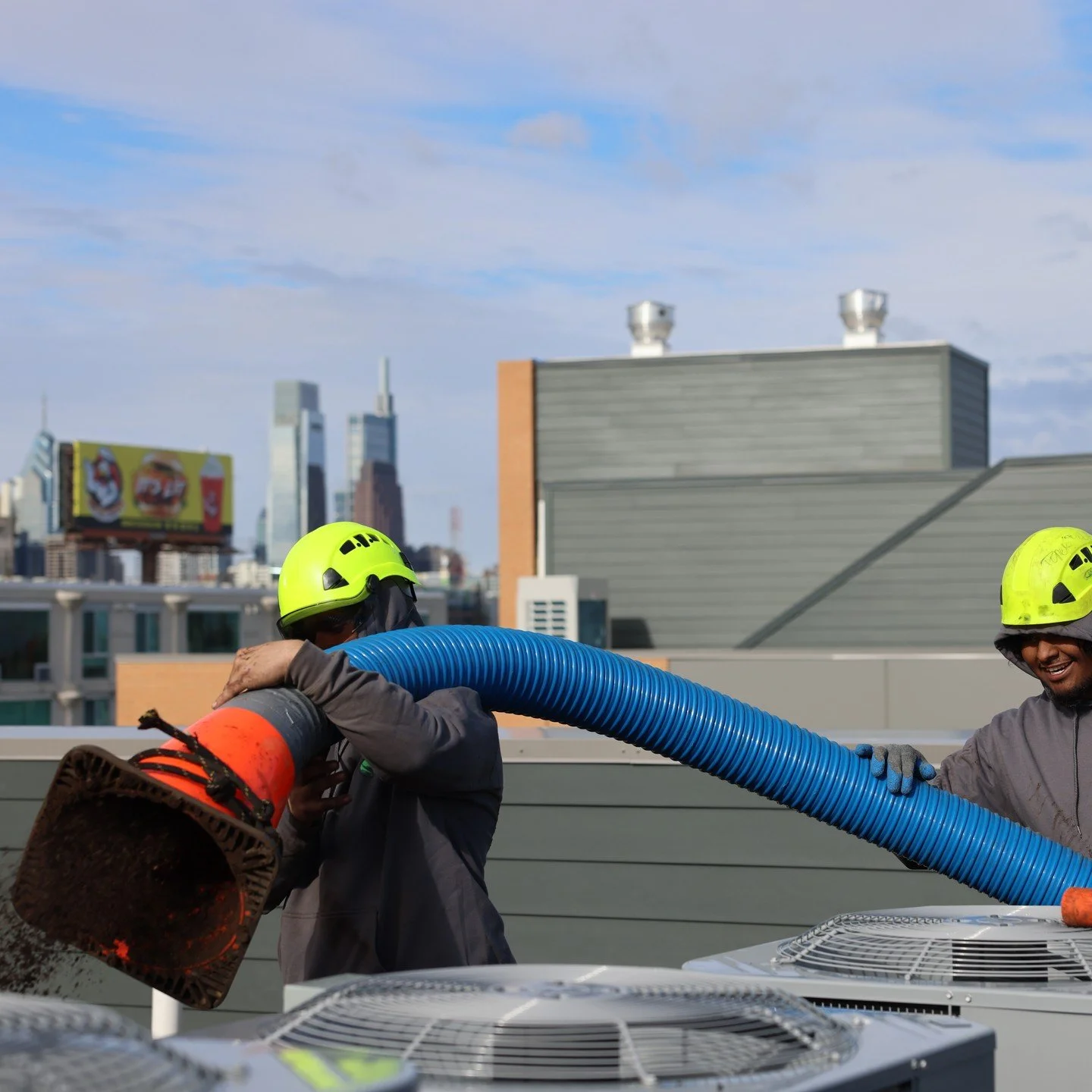 GTM is elevating Philly&rsquo;s green spaces one rooftop at a time&mdash;teamwork and soil blowing are our recipe for success! 🌱💪 #GTMInAction #PhillyGreen #RooftopLandscaping #GreenSpaces #MulchBlowing #ExpressBlower #GreenRoof #SoilBlowing