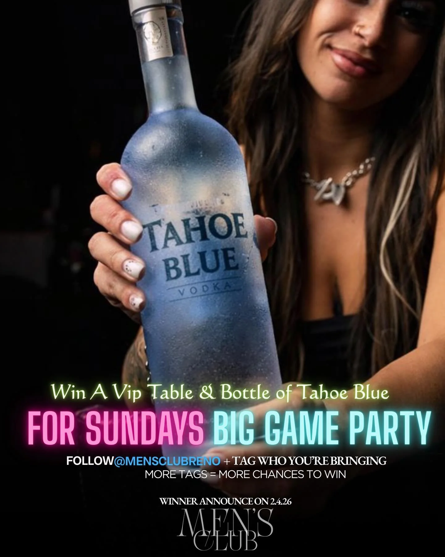 🏈🍾 BIG GAME PARTY GIVEAWAY 🍾🏈
We&rsquo;re giving away a VIP table + a complimentary bottle of Tahoe Blue Vodka for our Big Game Party at the Men&rsquo;s Club of Reno.

👉 To enter:
&bull; Follow @MensClubReno
&bull; Tag who you&rsquo;re bringing 