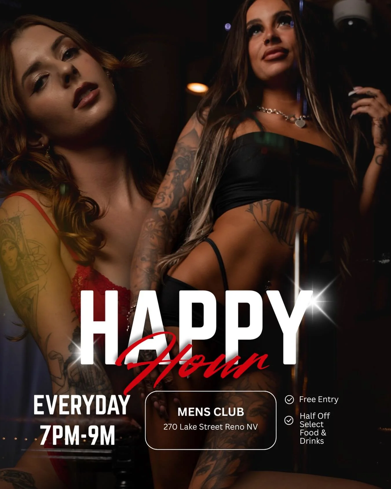 🍸 Happy Hour at the Men&rsquo;s Club of Reno 🍸
Every day from 7&ndash;9PM, enjoy half off select food &amp; drinks and free entry to start your night the right way.

Good deals, great atmosphere, and a reason to show up early.

#MensClubReno #RenoH