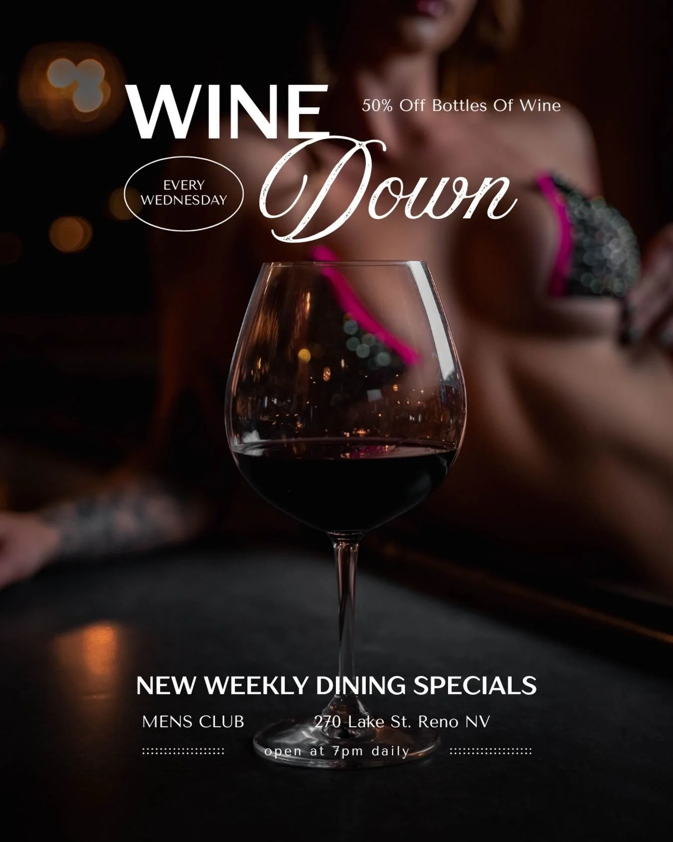 🍷 Wine Down Wednesday at the Men&rsquo;s Club of Reno 🍷

Take a midweek break with 50% off select bottles of wine all night long and discover our new weekly dining specials crafted fresh by our kitchen.

Great wine, great food, and the perfect way 