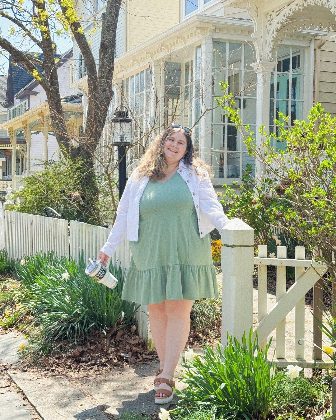 Strolling through Cape May&rsquo;s Victorian cottages in a new tribal outfit, enjoying something refreshing from your favorite Yeti mug... What could be better than this?☀️

Joanie is wearing:

&bull; Green dress - Tribal
&bull; White jacket - Charli