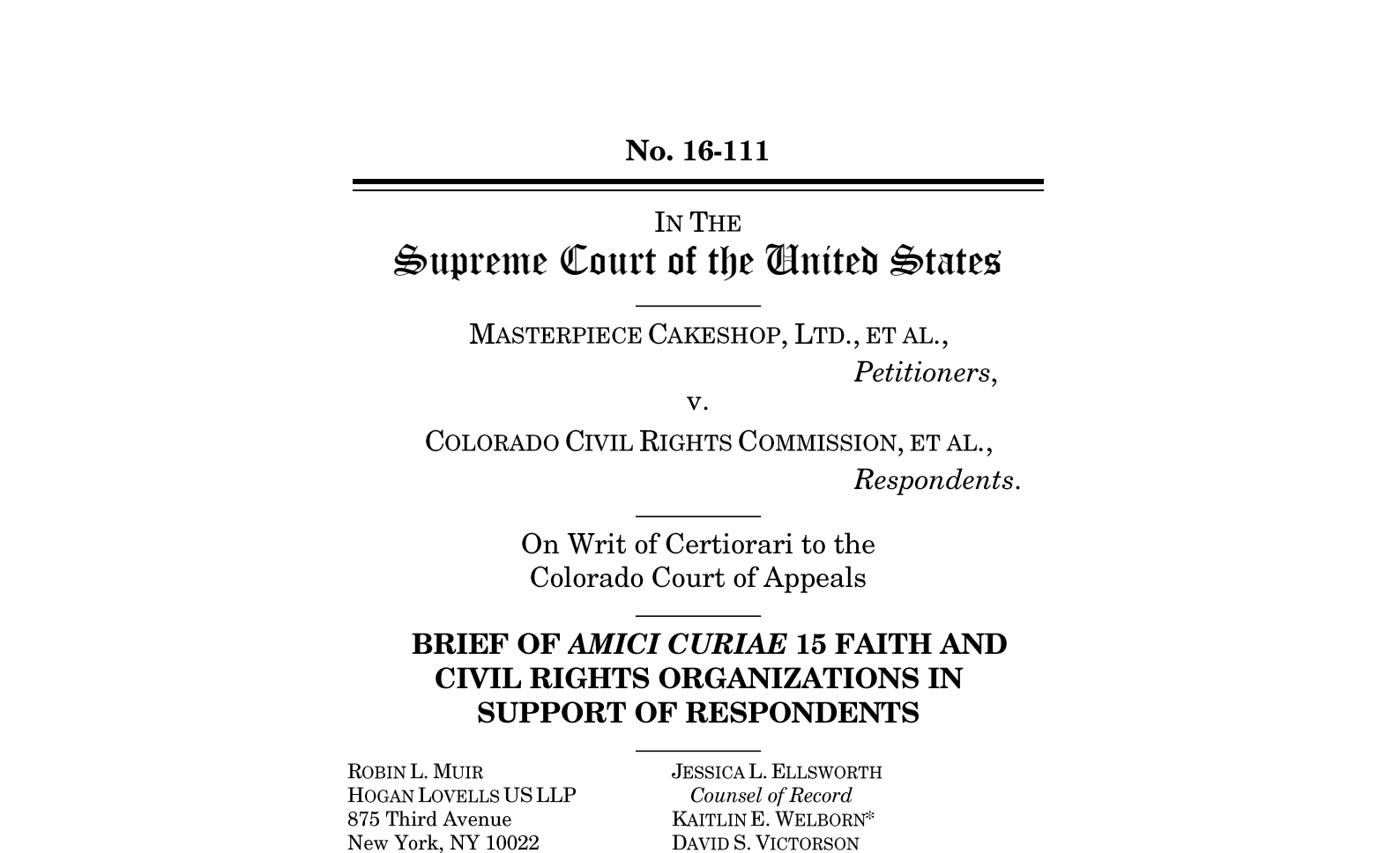 Amicus Brief: Masterpiece Cakeshop, Ltd. v. Colorado Civil Rights Commission