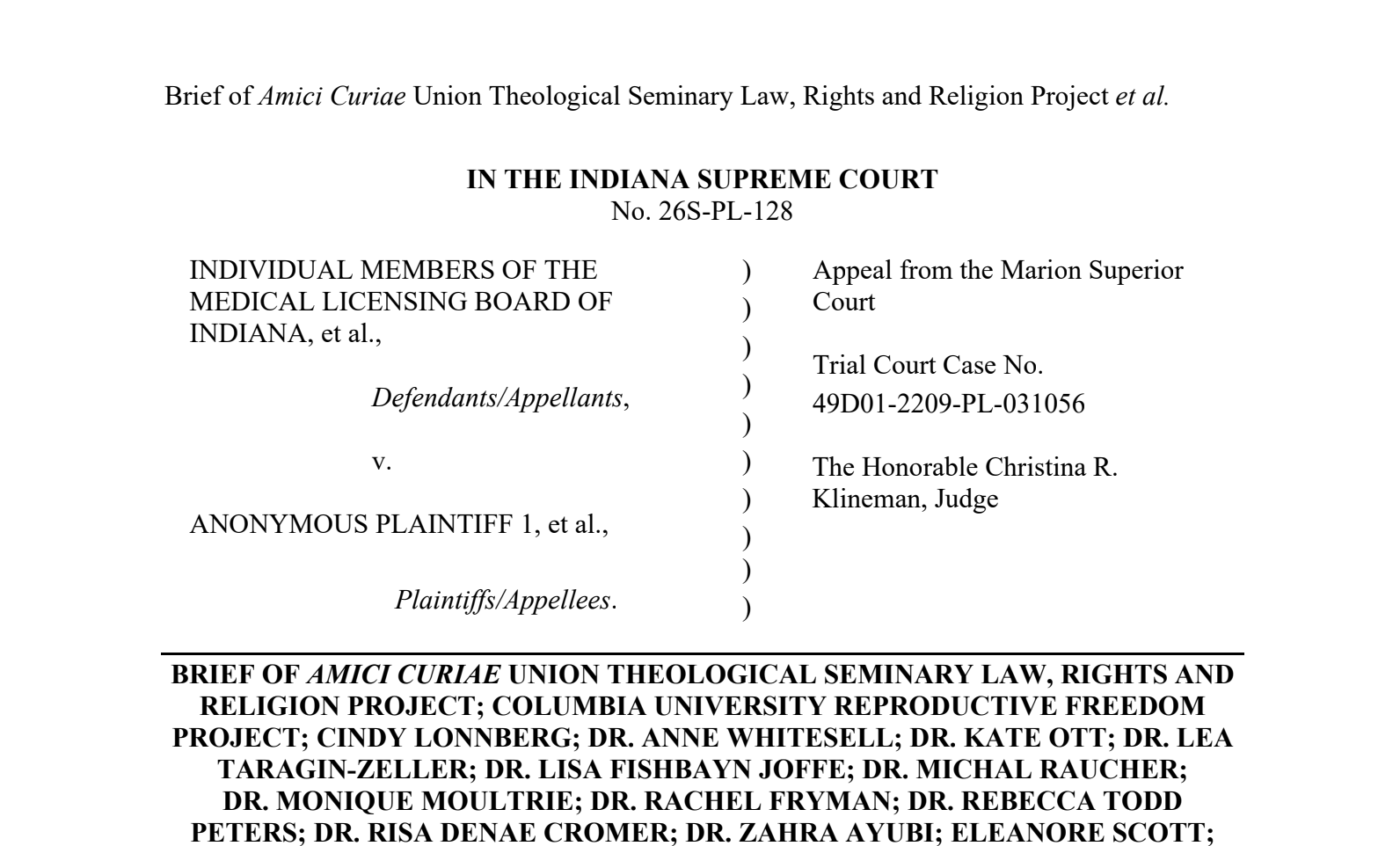 Amicus Brief: Individual Members of the Medical Licensing Board of Indiana v. Anonymous Plaintiff 1
