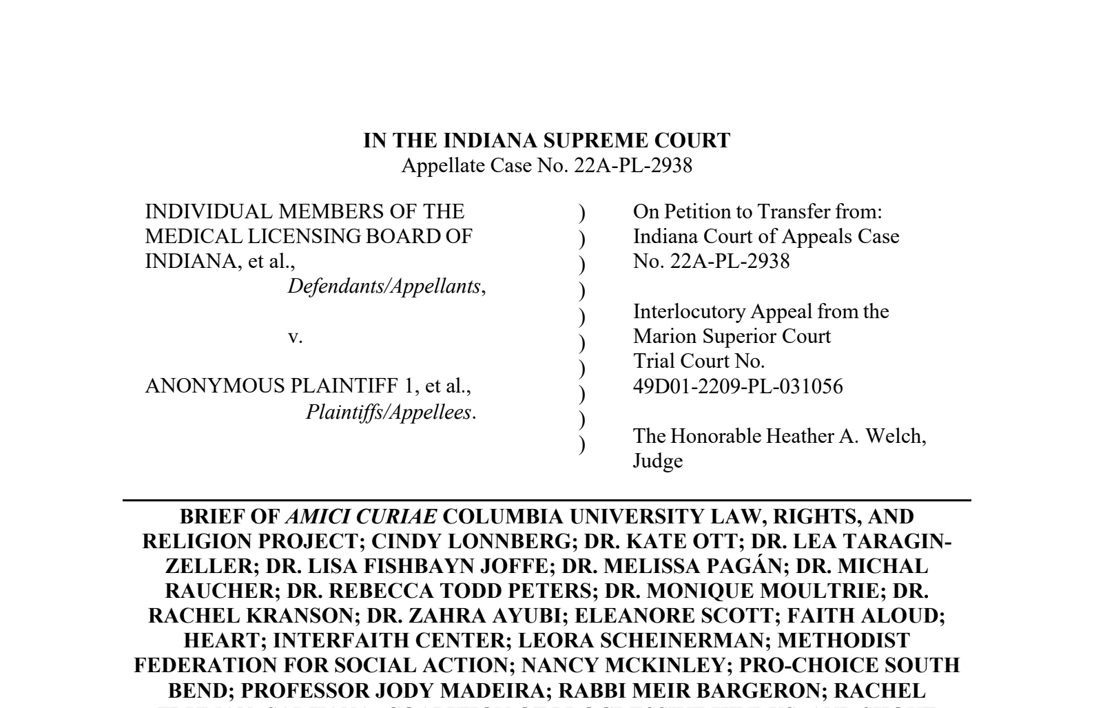 Amicus Brief: Individual Members of the Medical Licensing Board of Indiana v. Anonymous Plaintiff 1