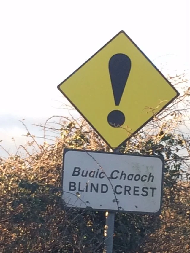 Diamond shaped yellow road sign with a large black exclamation mark and a rectangular sign below that reads "Buaic Chaoch BLIND CREST" in front of bushed with ocean in the distance.