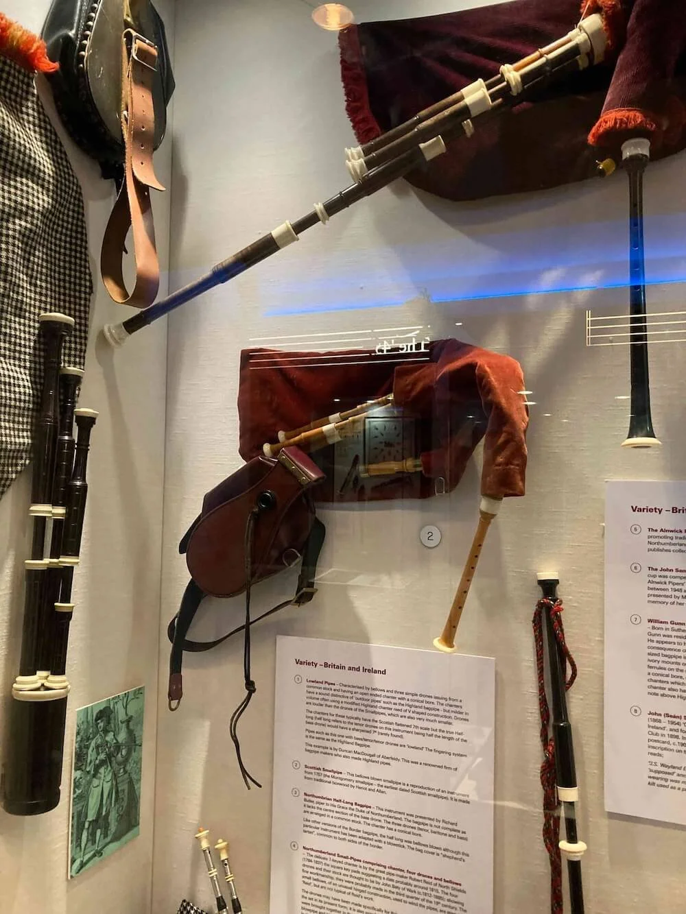 glass display is several bagpipes