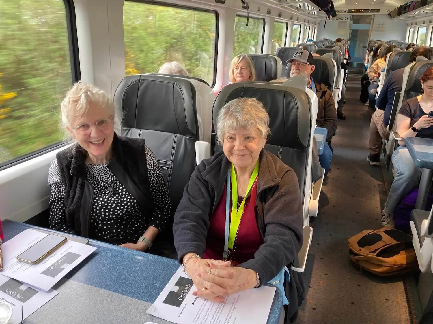 tour members riding on a train in Ireland