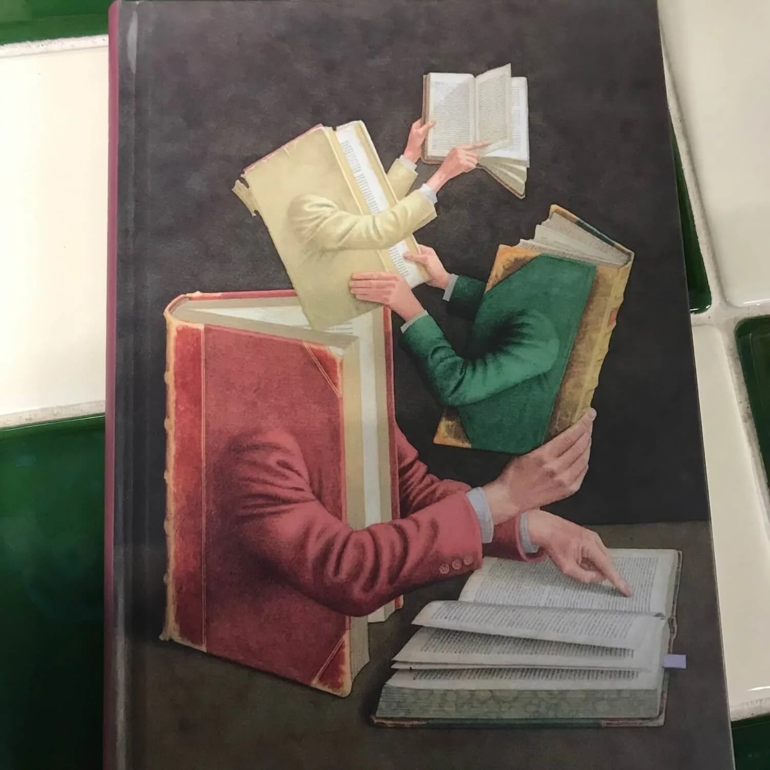 illustration fo books with arms holding more books with arms and reading