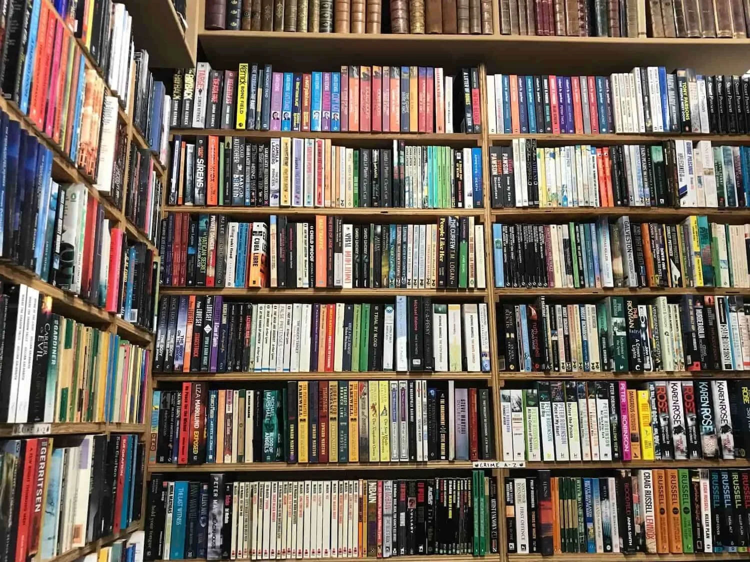wall of books on shelfs at Leakey's Bookshop
