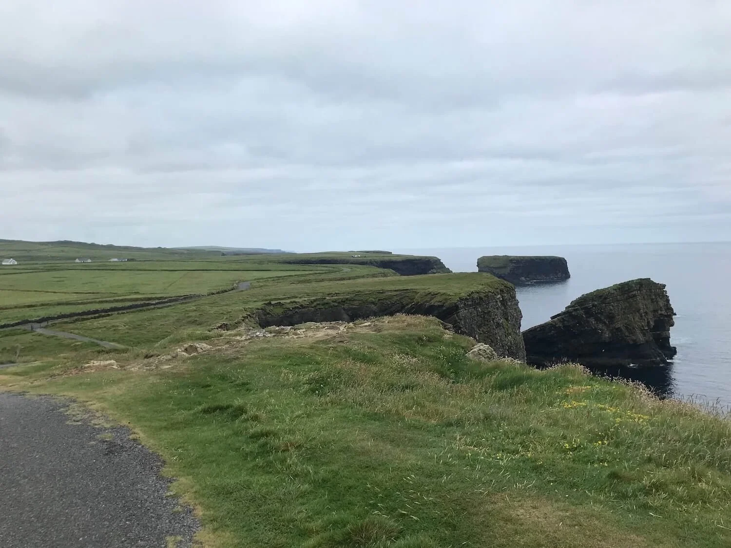 Cliffside view of grassy headlands and the sea under a cloudy sky, with a narrow road and scattered houses in the distance.