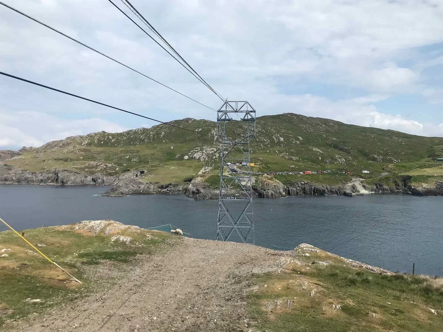 cable car structure crossing over water to green island