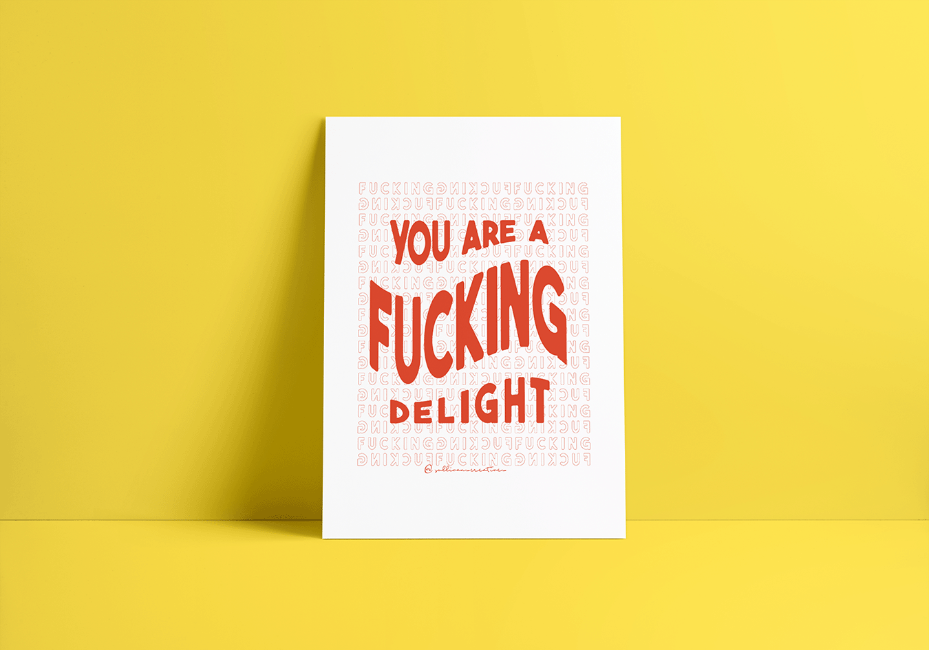 You Are a Fucking Delight bold red and white art print on minimalist mockup background – modern typography wall art with cheeky affirmation.