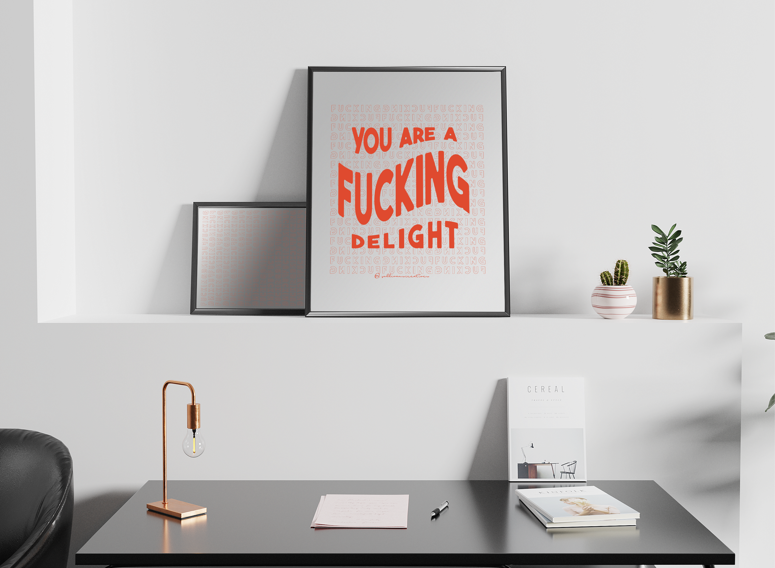 You Are a Fucking Delight bold red and white art print on minimalist mockup background – modern typography wall art with cheeky affirmation.