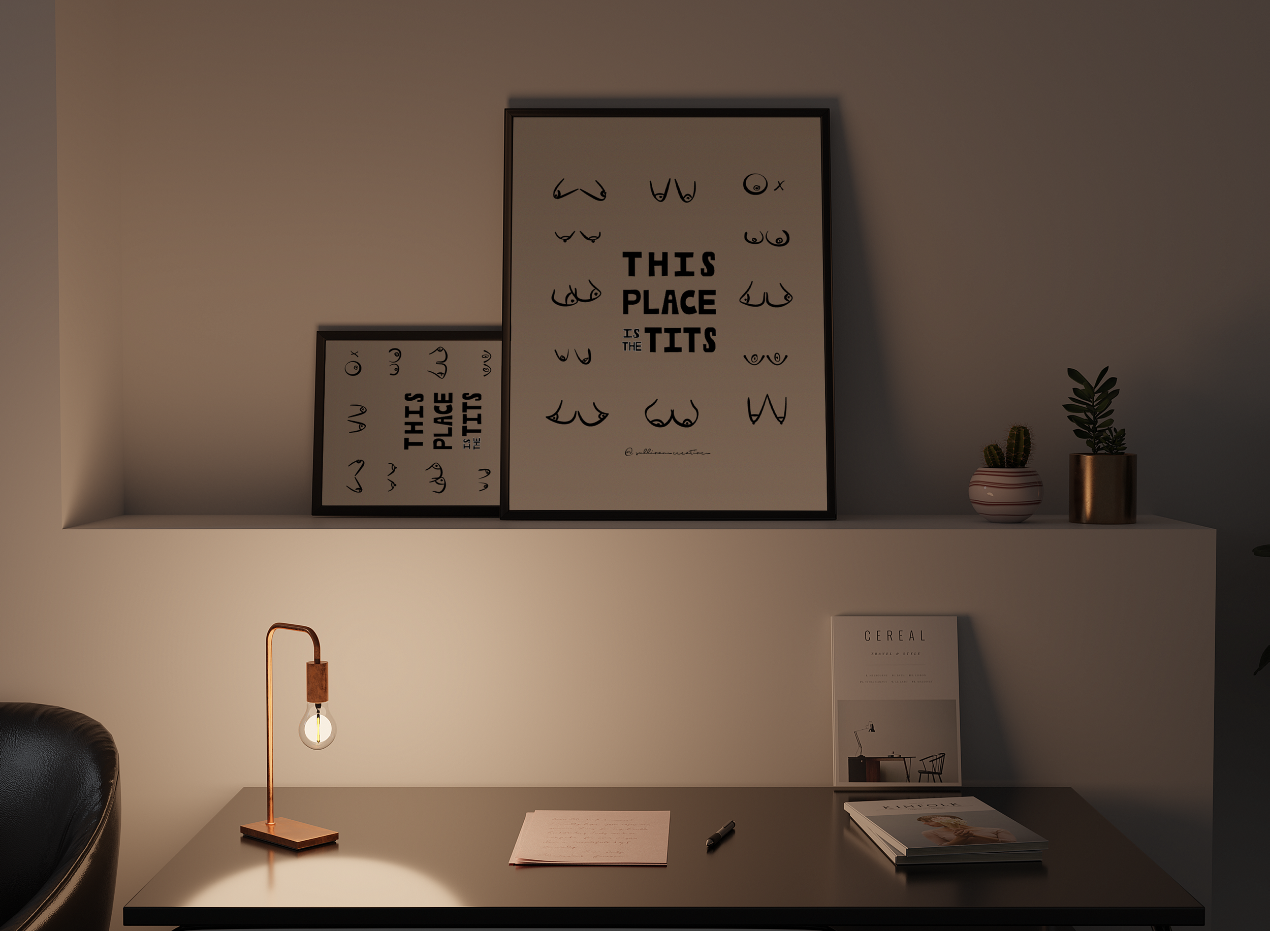 Minimalist line art featuring various stylized boobs with bold text that reads “This Place Is the Tits”