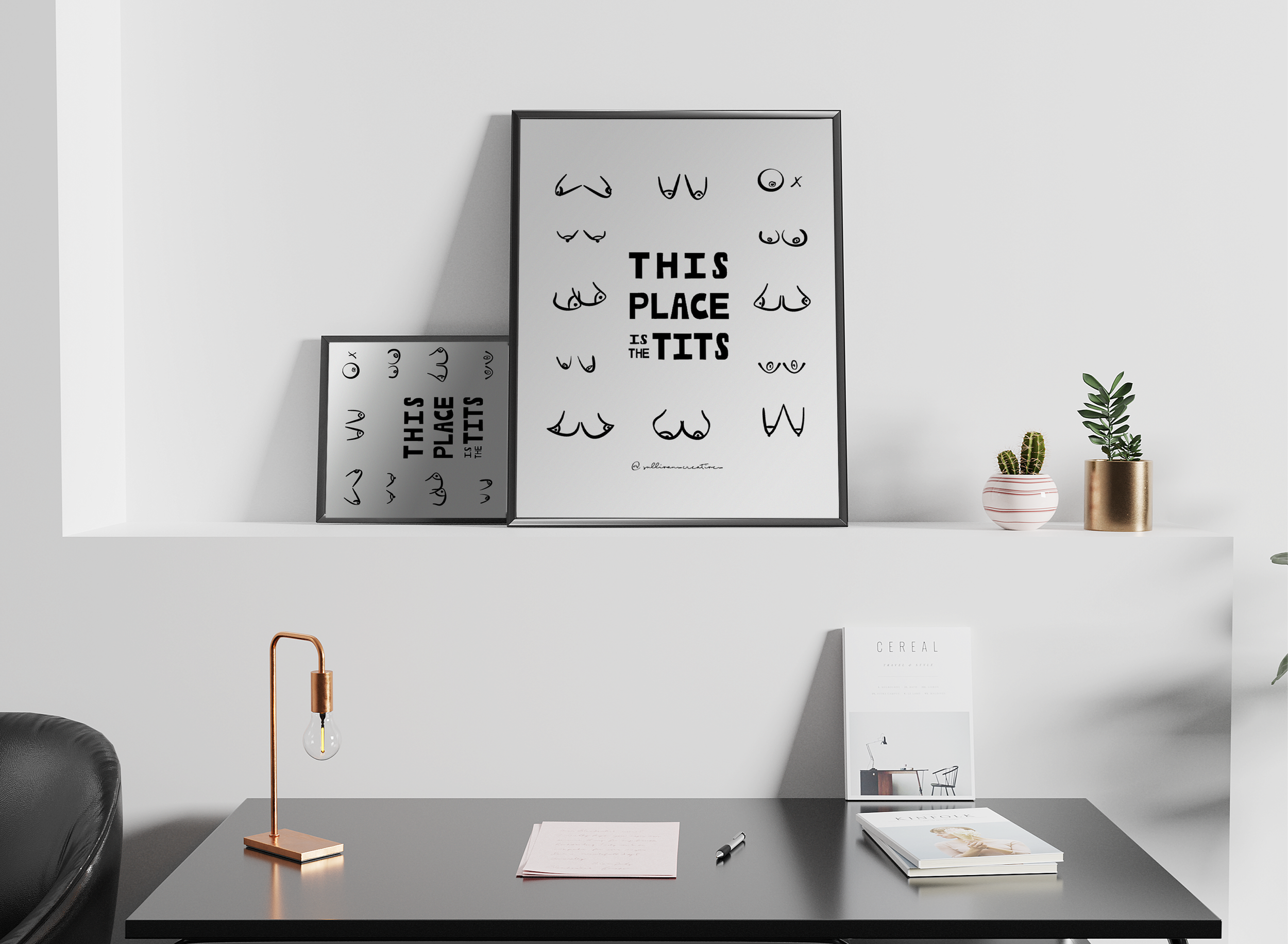 Minimalist line art featuring various stylized boobs with bold text that reads “This Place Is the Tits”