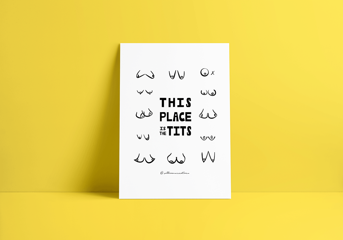 Minimalist line art featuring various stylized boobs with bold text that reads “This Place Is the Tits”