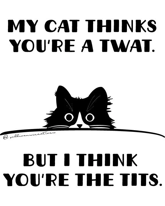 Funny cat wall art with attitude! This bold, sarcastic print says, “My cat thinks you're a twat, but I think you're the tits.” Perfect gift or décor!