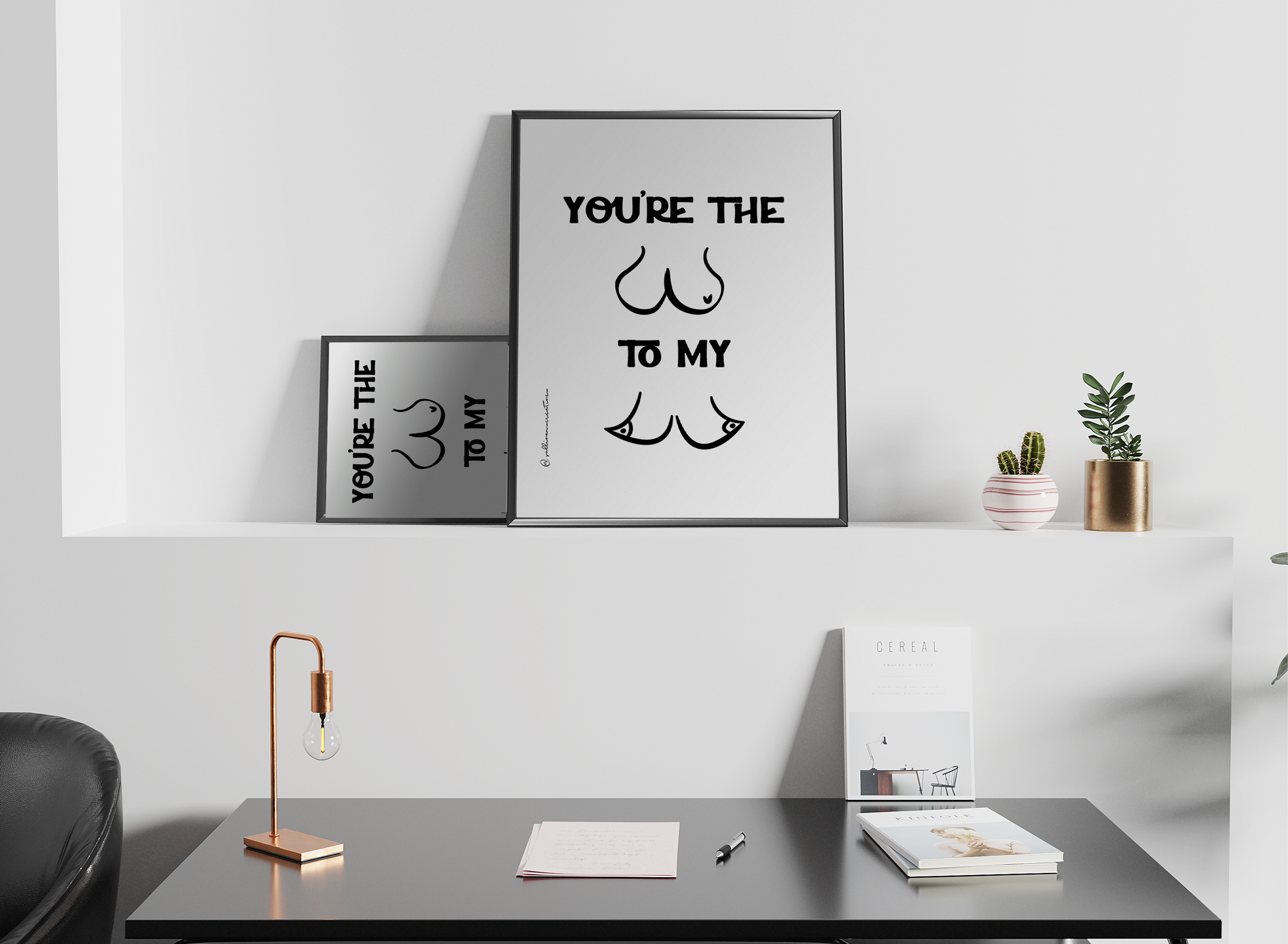 Minimalist line art featuring stylized boobs and butt with bold text that reads “You're the Ass To My Titties" with image of butt and boobs