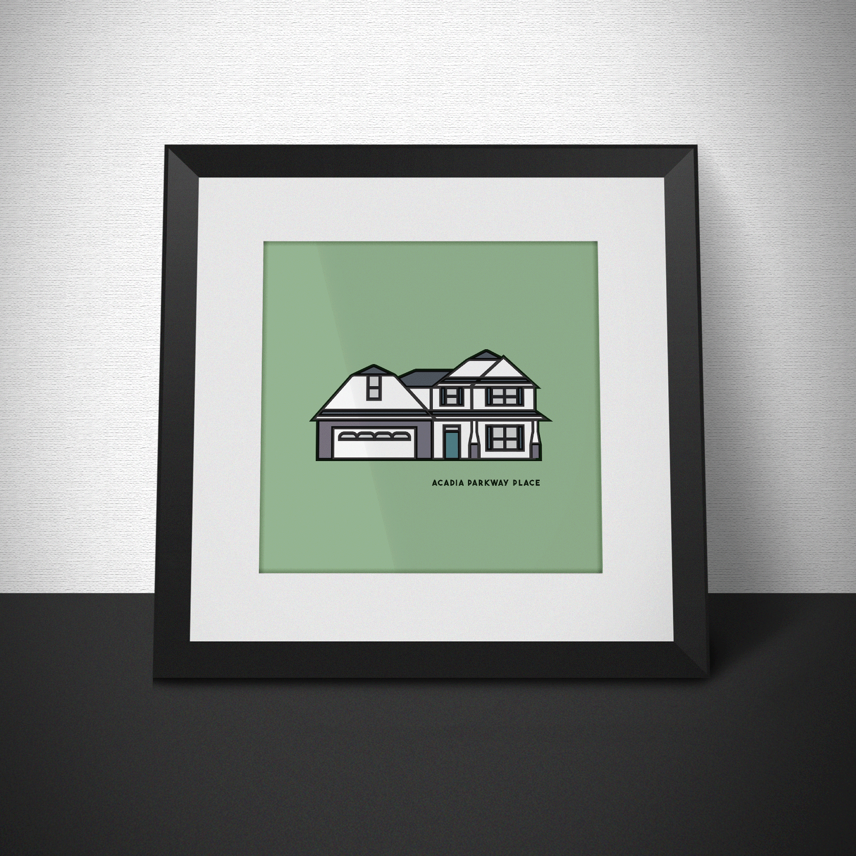 Personalized digital house portrait featuring a modern suburban home with clean architectural lines and custom color accents.
