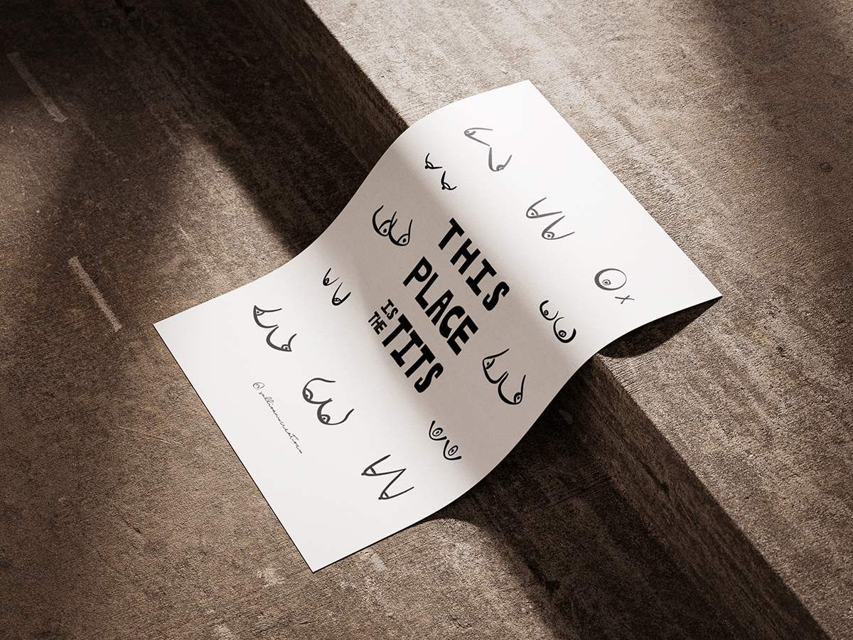 Minimalist line art featuring various stylized boobs with bold text that reads “This Place Is the Tits”