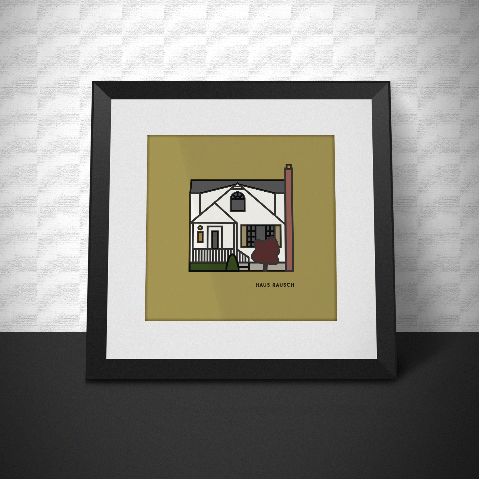 Personalized digital house portrait featuring a modern suburban home with clean architectural lines and custom color accents.