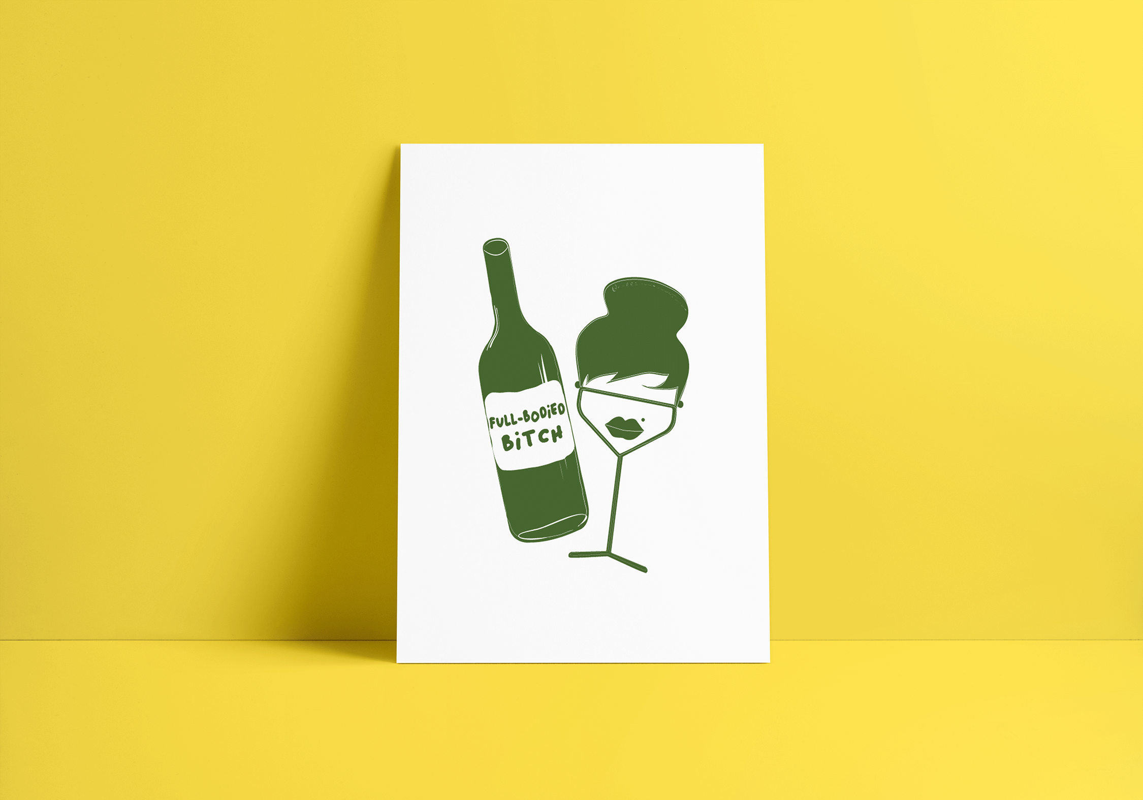 Wine art print featuring a wine bottle labeled “Full Bodied Bitch” and a wine glass with a woman's head and red lips emerging. Bold feminist wall decor.