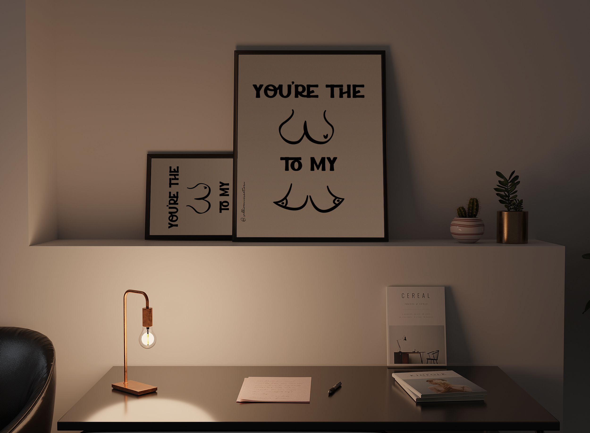 Minimalist line art featuring stylized boobs and butt with bold text that reads “You're the Ass To My Titties" with image of butt and boobs