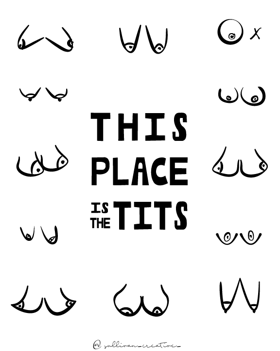 Minimalist line art featuring various stylized boobs with bold text that reads “This Place Is the Tits”
