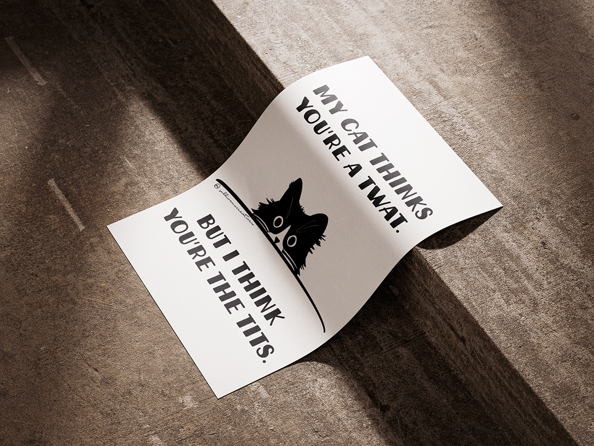 Funny cat wall art with attitude! This bold, sarcastic print says, “My cat thinks you're a twat, but I think you're the tits.” Perfect gift or décor!