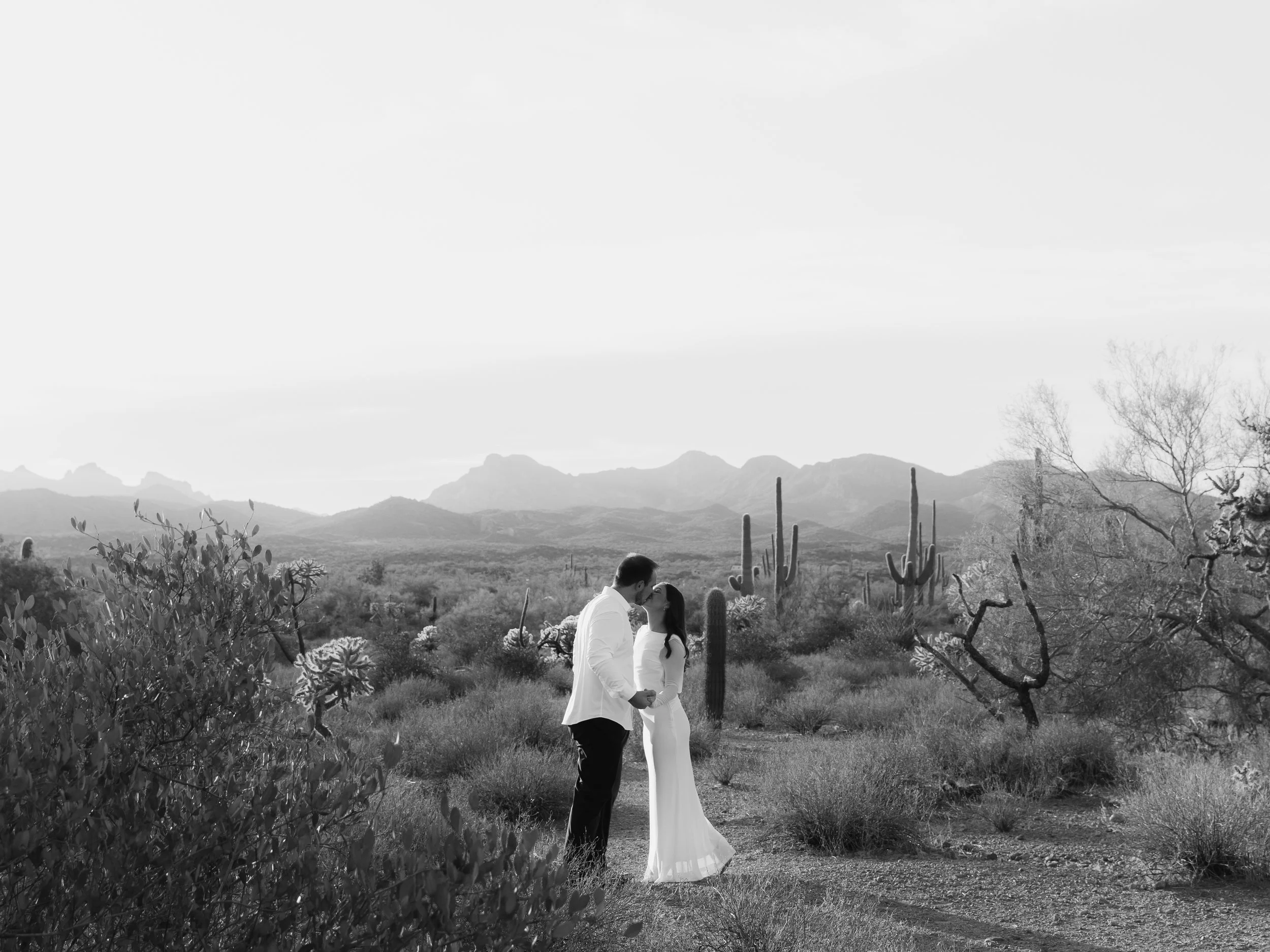 A black-and-white photo of a couple in wedding attire standing in a desert landscape with mountains in the background. The couple is holding hands and about to kiss, surrounded by cacti and desert plants.