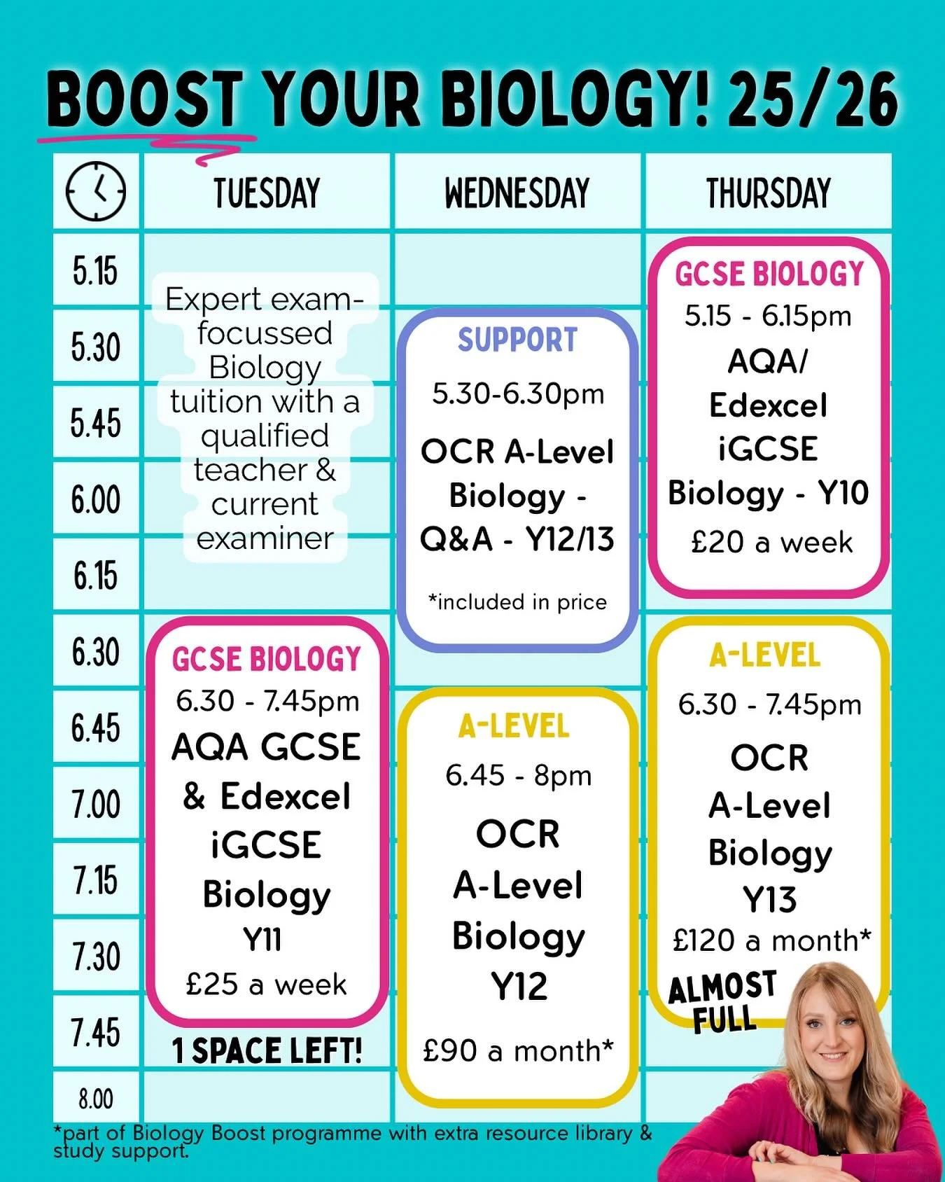 Quick update on my availability this year:

👉One space left in my Y11 GCSE Biology group on Tuesday evenings

👉My Y13 intake for my wraparound support programme for OCR A-Level Biology, The Biology Boost, is almost full. 

You can find out more abo
