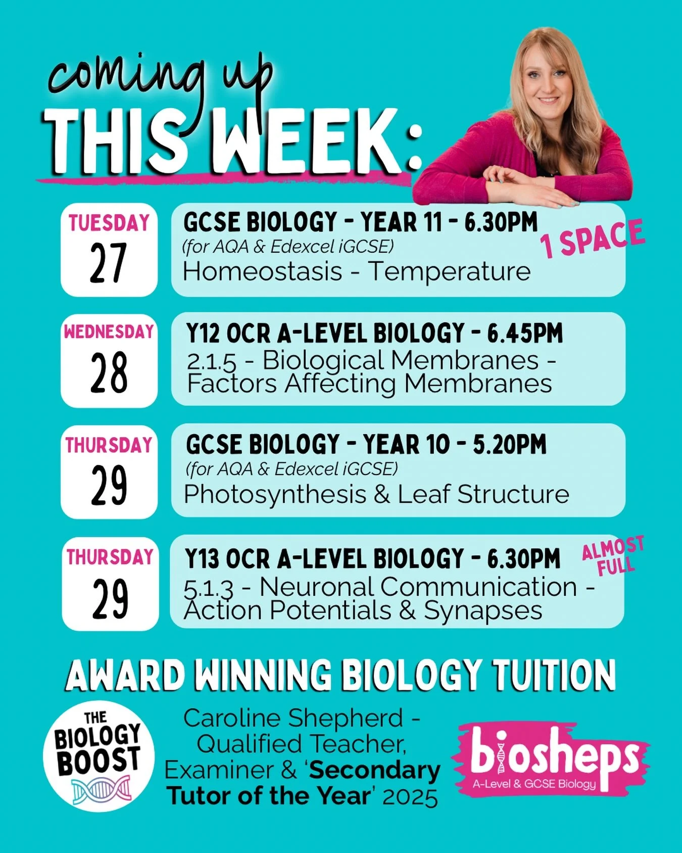 A rare space has come up in my Year 11 GCSE Biology group! 

If you&rsquo;d like your child to have:
✅ Weekly dedicated revision &amp; exam practice
✅ With a qualified teacher &amp; Biology examiner
✅ Marked individual feedback
✅ Access to supporting
