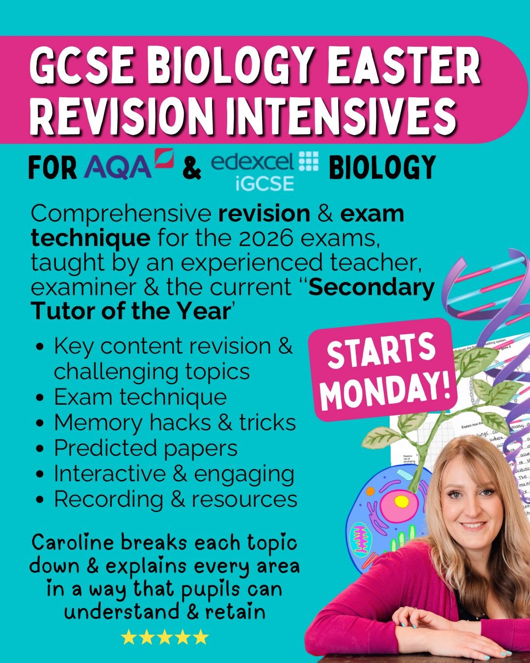 GCSE Biology revision this Easter? Sorted! ✅

My GCSE Biology masterclasses cover everything you need - from revision of key content to exam technique to equip students with the knowledge and skills they need for success. 

Each content session inclu