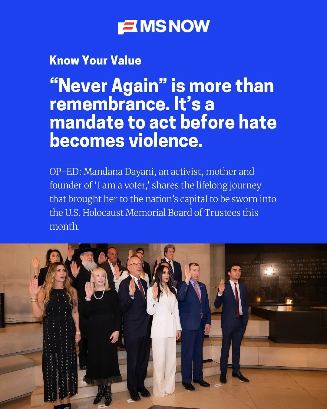 My op-ed on the life changing experience of my swearing in ceremony. It would mean the world to me if you could please read and share this. @holocaustmuseum 

Thank you @knowyourvalue @mikabrzezinski @morningjoe for your continued support.