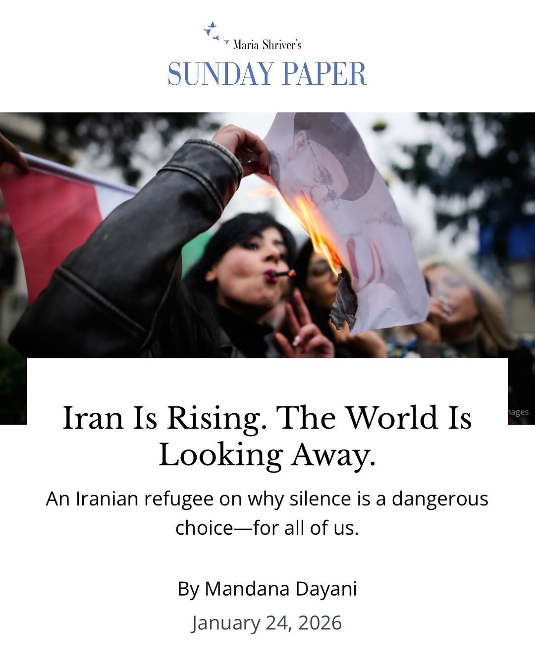 My op-ed is live in Maria Shriver&rsquo;s Sunday Paper. For Iran. For truth. For the courage of those who refuse to be silent.