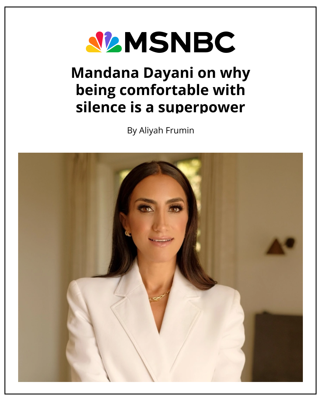 MSNBC article featuring Mandana Dayani, with a woman in a white blazer and gold jewelry, smiling in a brightly lit room.