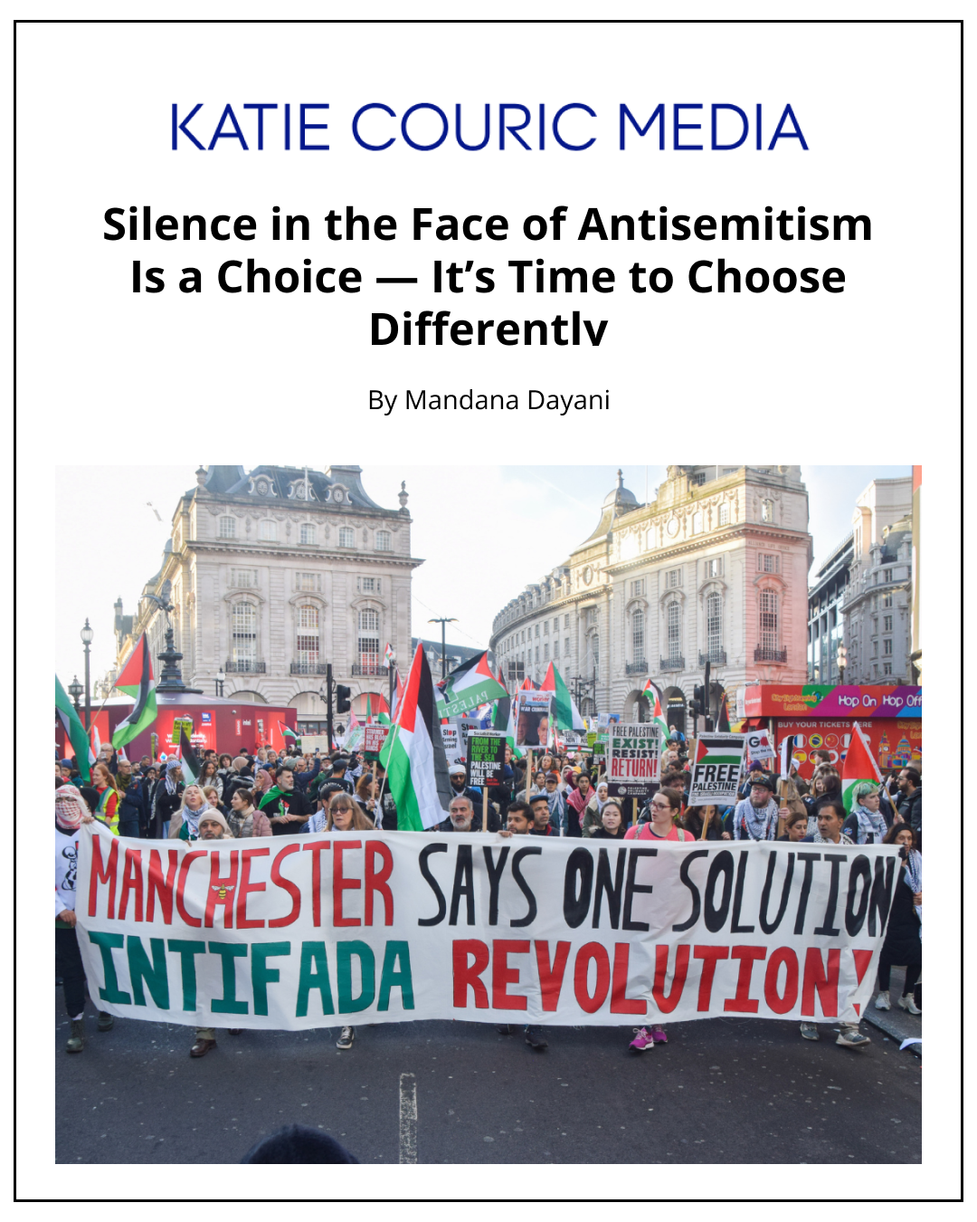 Cover of a publication titled "Silence in the Face of Antisemitism Is a Choice – It’s Time to Choose Differently" showing a protest with a large banner that reads "Manchester Says One Solution, Antifada Revolution" amidst a crowd holding Palestinian