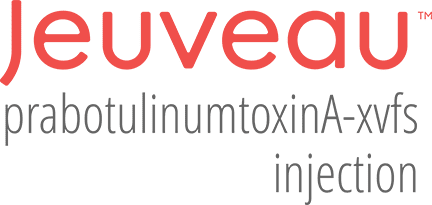 Close-up of a pharmaceutical label with the text "Jeuveau" and the description "prabotulinumtoxinA-xvfs injection."