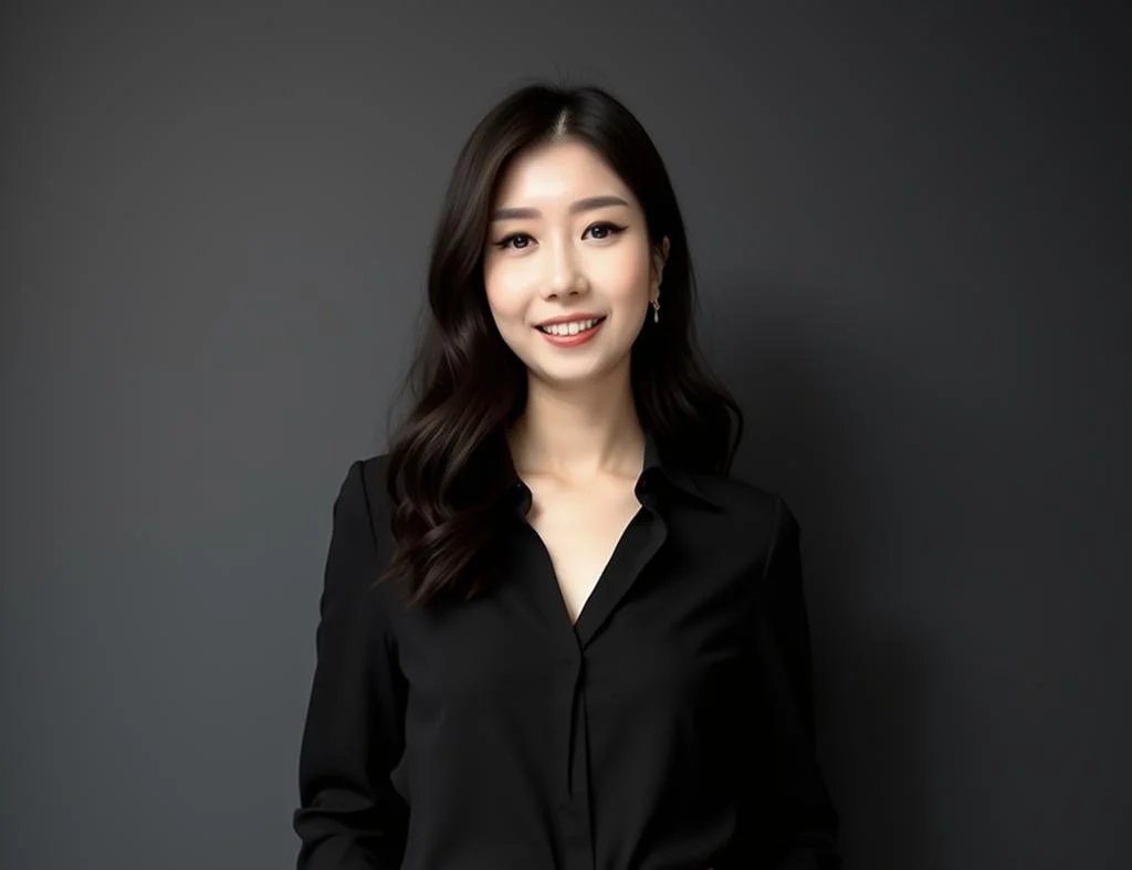 A woman with long dark hair wearing a black shirt, smiling, standing against a gray background.