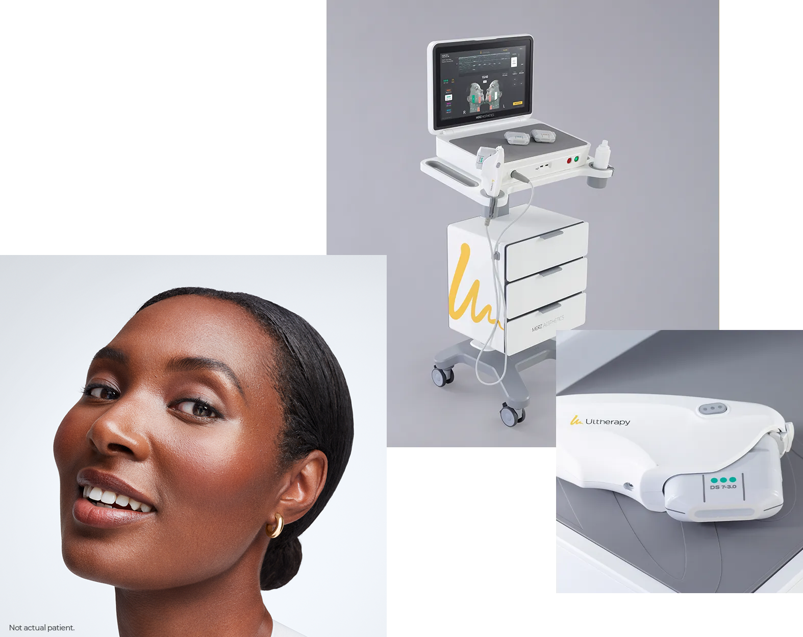 A woman with dark hair styled back, smiling with visible teeth, wearing small gold hoop earrings. Next to her, medical equipment including a monitor displaying a digital interface with graphics and controls, a handheld device, and a white machine labeled 'Ultherapy' with a handheld applicator, are arranged in a clinical setting.