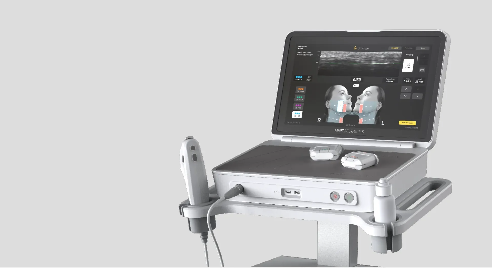 A medical ultrasound machine with a monitor displaying an image of a woman's face and neck, alongside controls, probes, and a bottle on a cart.