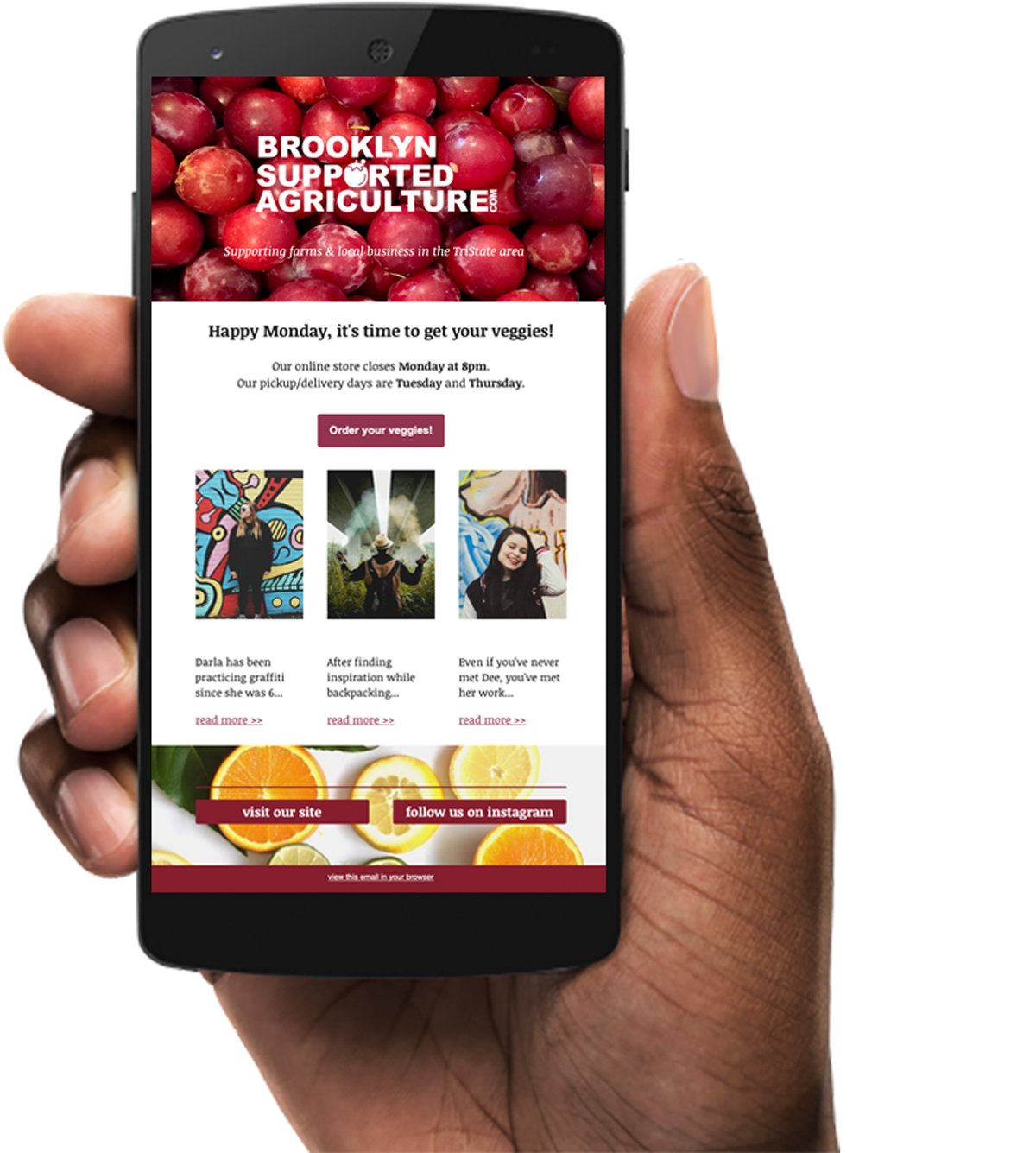 Custom designed Mailchimp newsletter on an iPhone