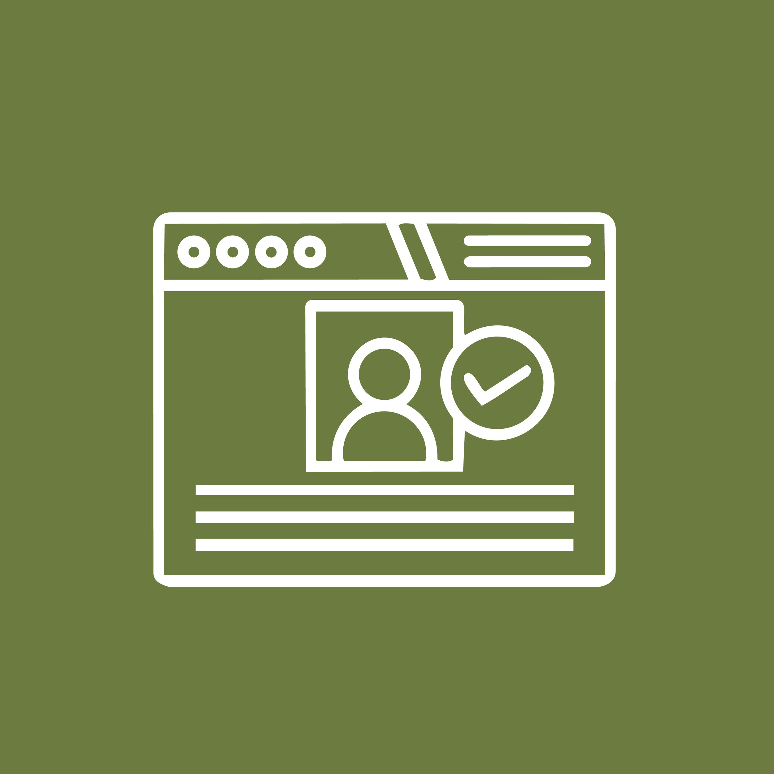 Icon of a webpage showing a profile picture and a check mark indicating verification, on a green background.