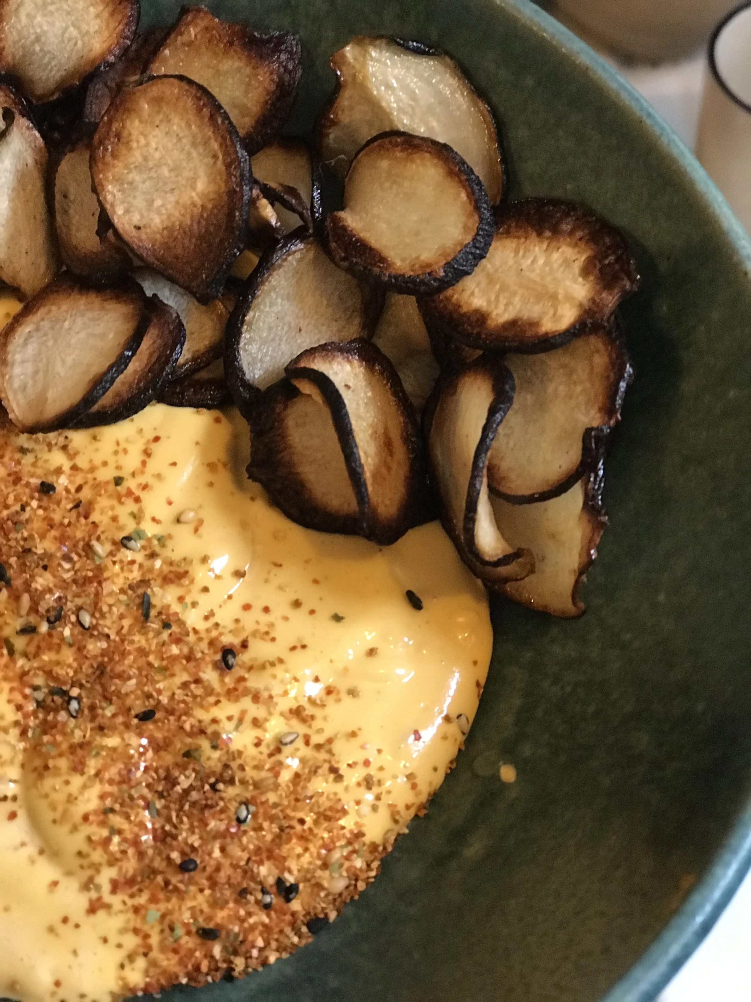 Black Spanish Radish Chips with Miso Aioli