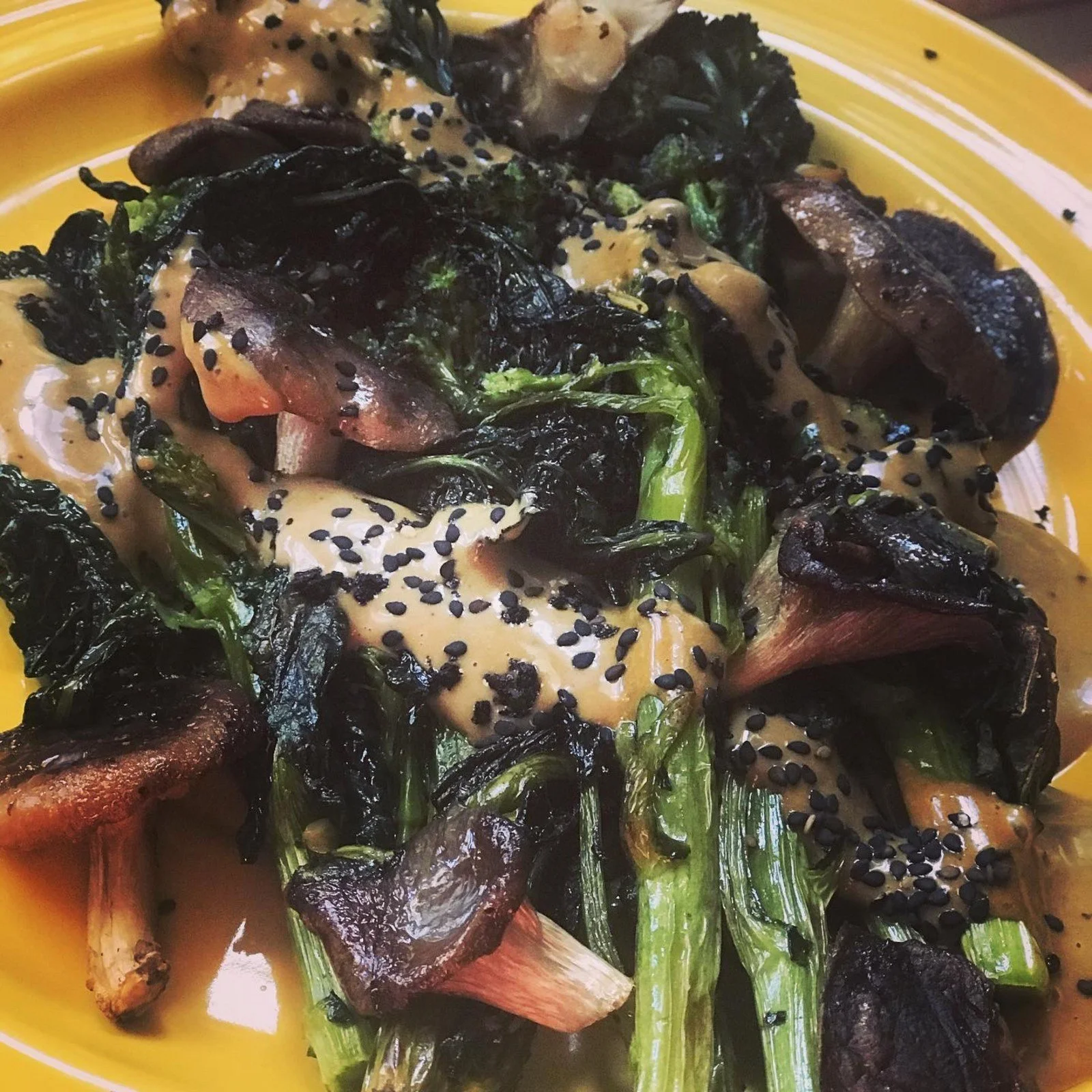 Crispy Purple Sprouting Broccoli and Shiitakes with Black Garlic Aioli