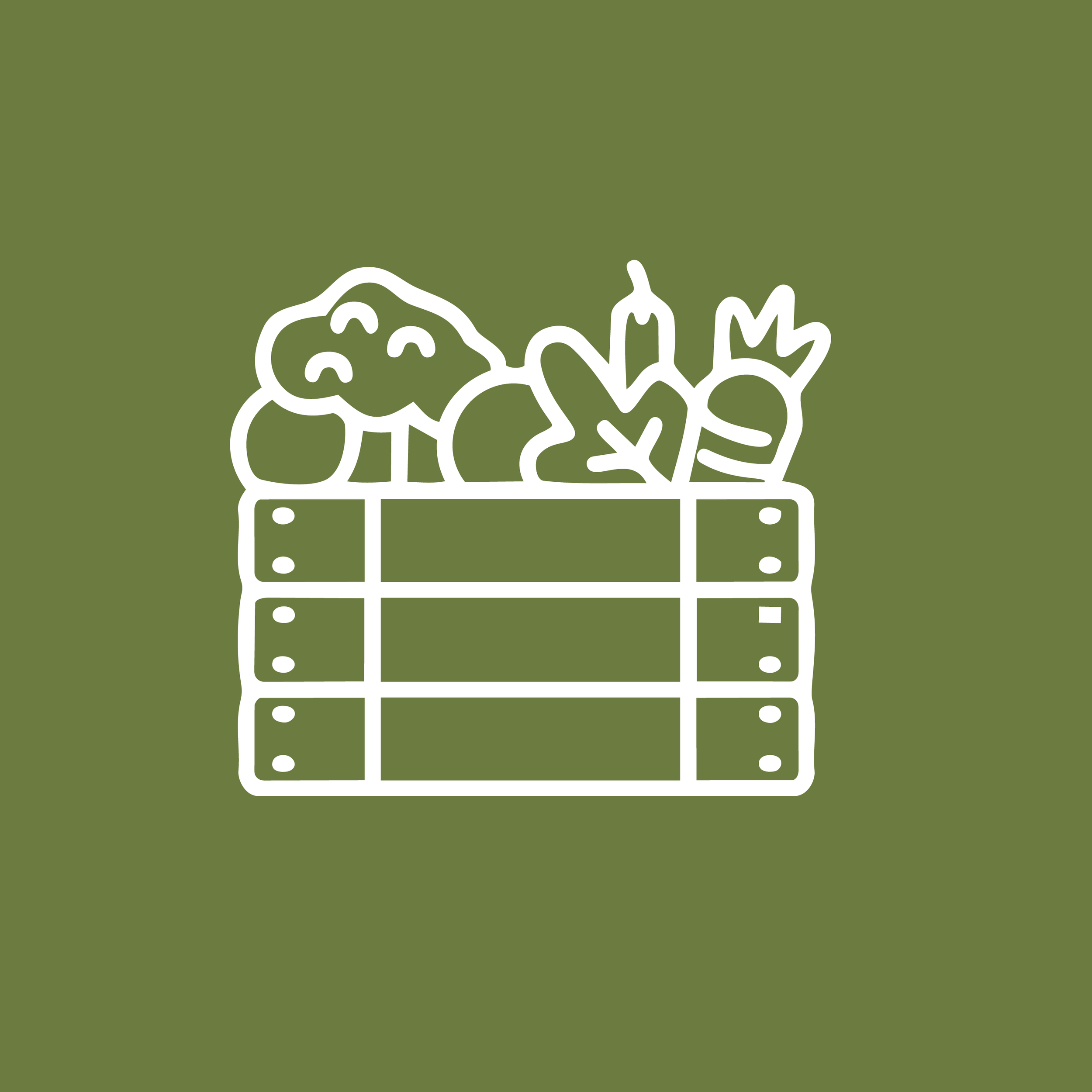 Line drawing of a crate filled with vegetables on a green background.