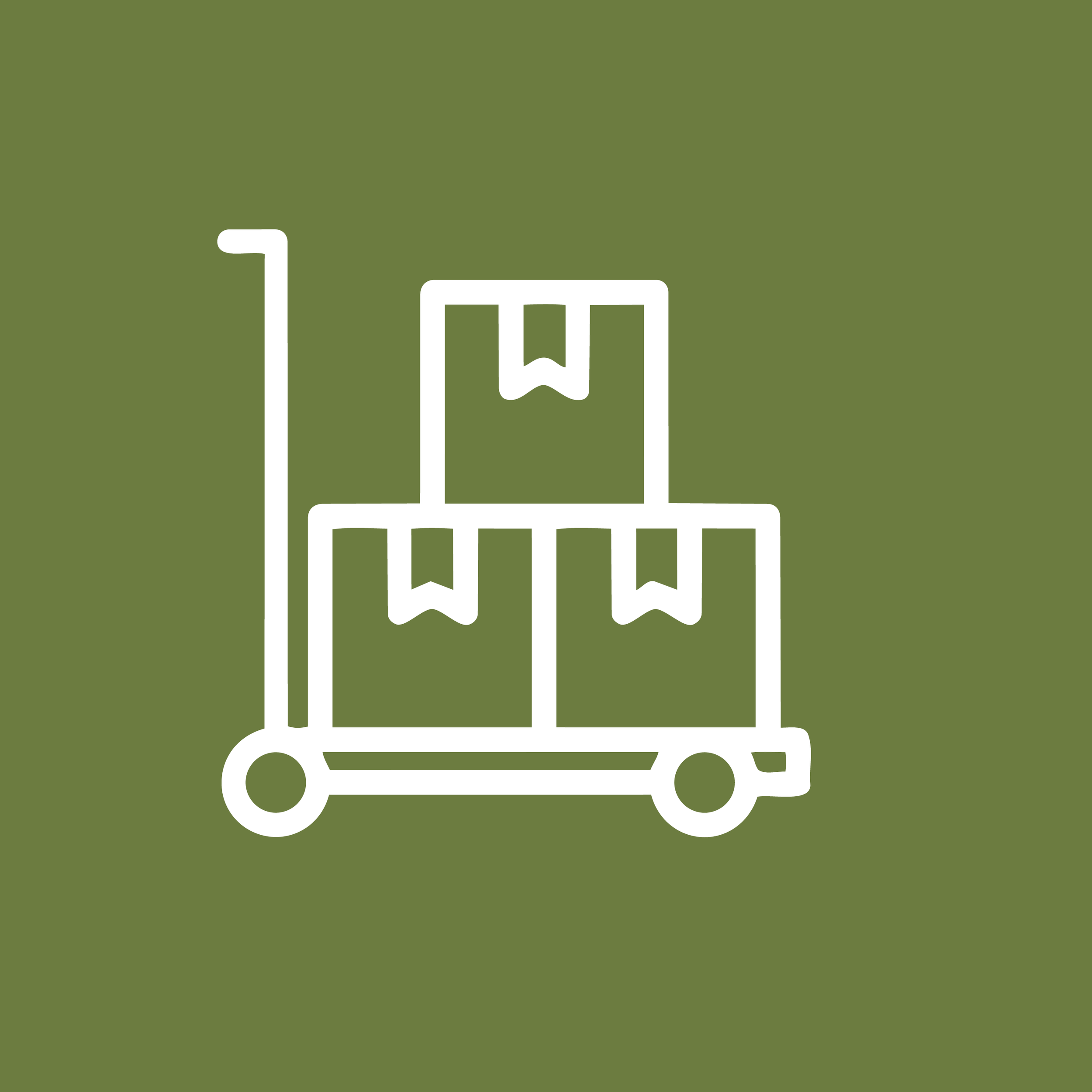 Icon of a hand truck with three boxes stacked on it, each box has a small flag on it, set against an olive green background.