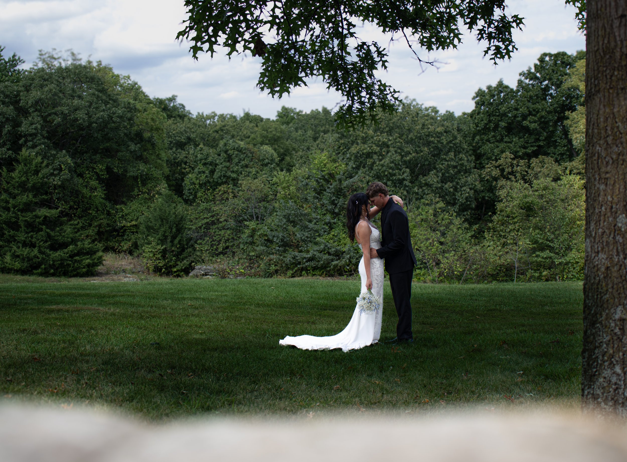 A bride and groom standing close together on a grassy field, with the bride in a white wedding gown holding a bouquet, and the groom in a black suit, with trees in the background and a cloudy sky overhead.